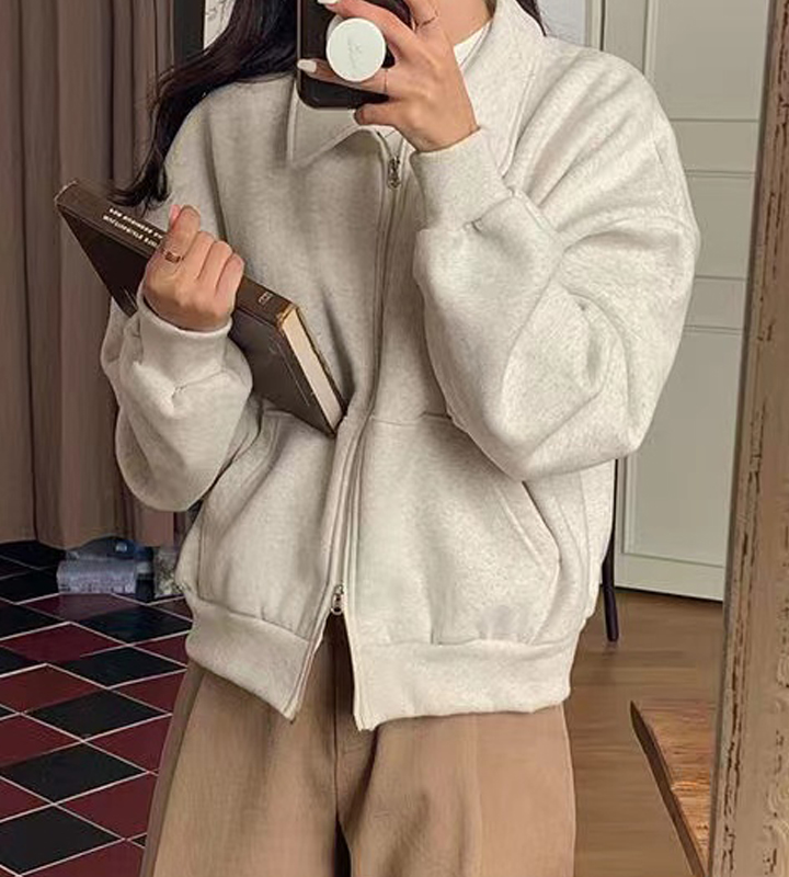 Korean Chic Commuter Double Zip Thick Fleece Lined Hoodie Jacket for Women