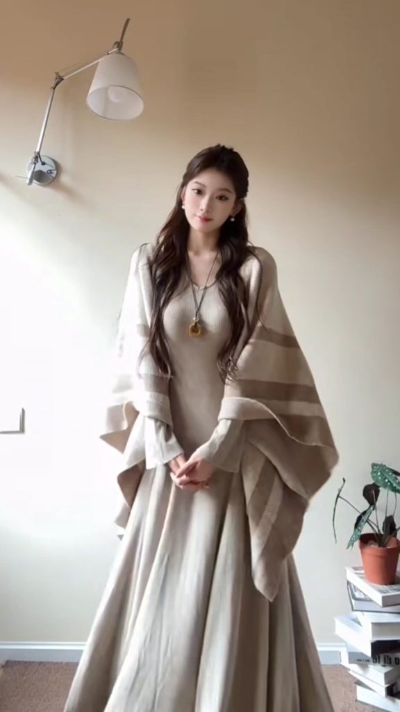 Women's Knit Shawl and Knit Dress Two-Piece Set