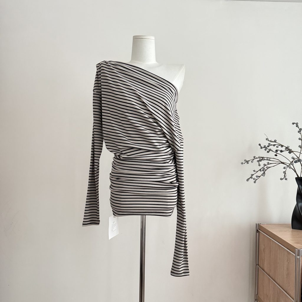 Women's Lyocell Off-Shoulder Striped Dress Spring Long Sleeve Knit Slimming Casual