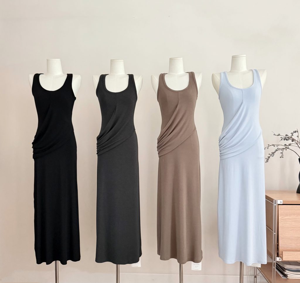 SUNONEONE Slimming Pleated Sleeveless Dress Women Spring French High-End Waist-Cinched Knit Long Dress