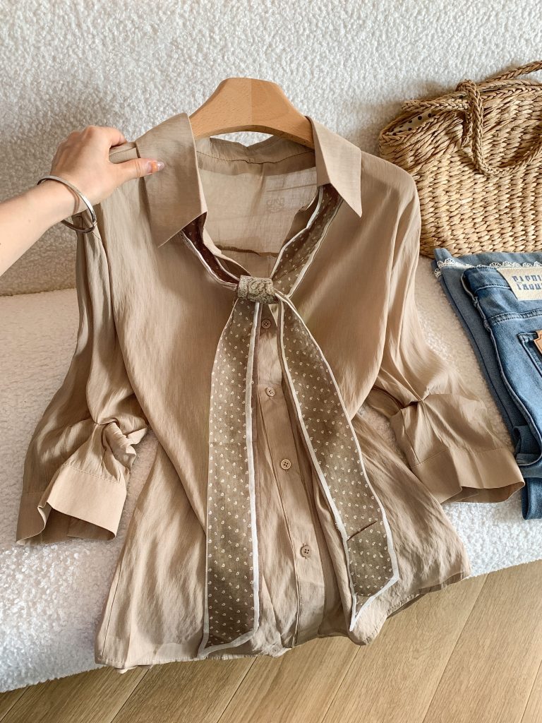 Old Money Style Women Summer Long Sleeve Shirt with Scarf Ribbon Loose Thin Slimming Five-Quarter Sleeve Commuter Solid Color Top