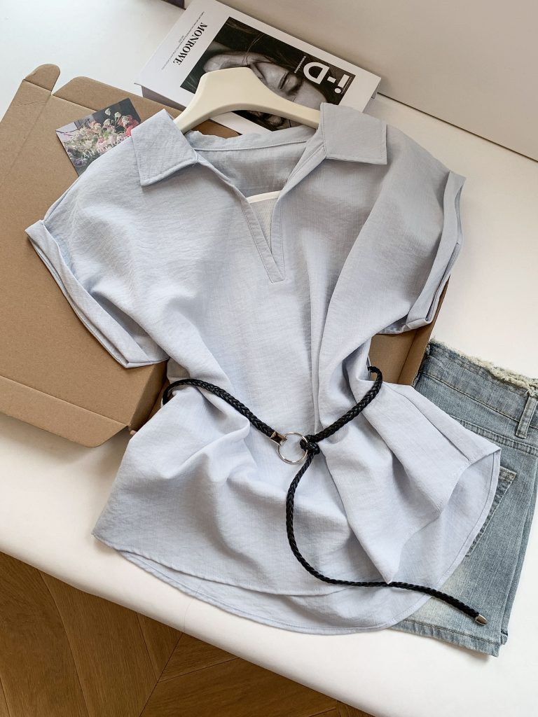 Women's Summer Loose Sleeveless Polo Collar Shirt with Tie Detail - Style ccb16e