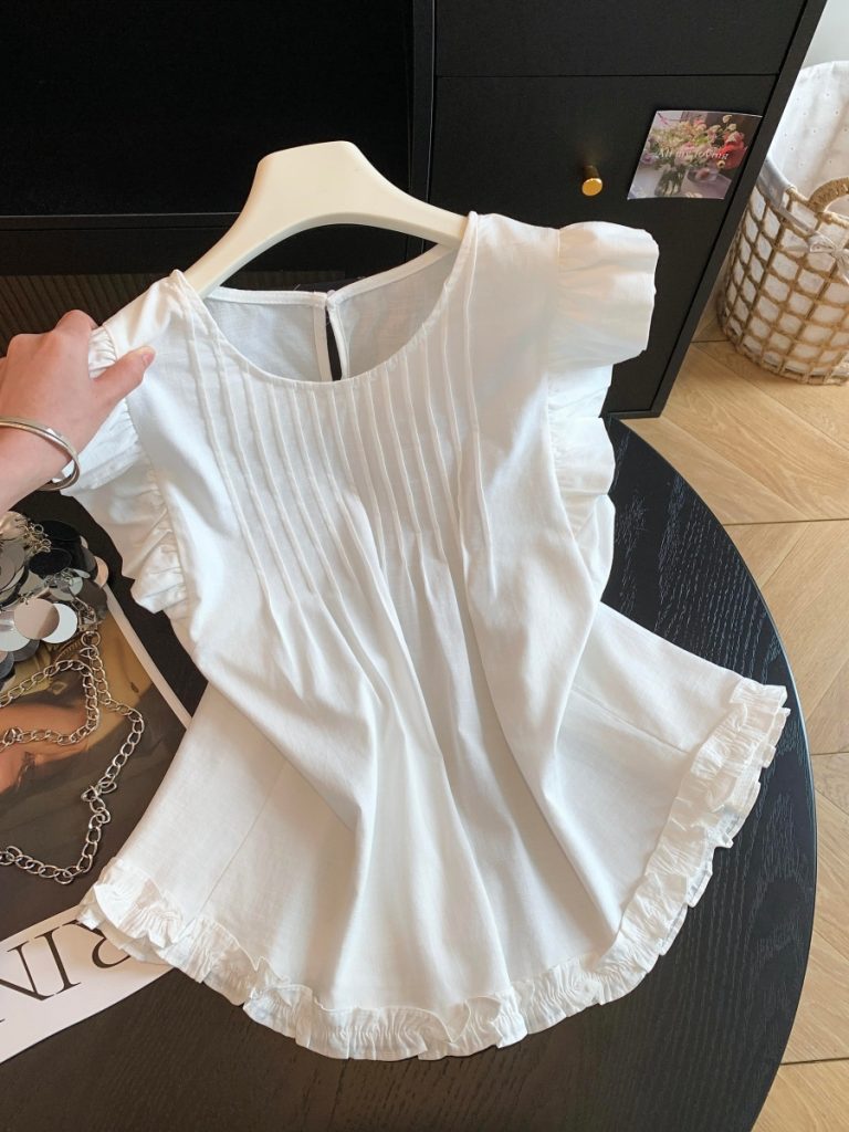 French Style Puff Sleeve Blouse for Women Summer Round Neck Pleated Babydoll Top Loose Slimming Sweet Shirt
