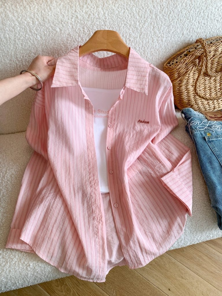 Women's Summer Striped Embroidered Letter Shirt Loose Sun Protection Blouse - Style 0a4351
