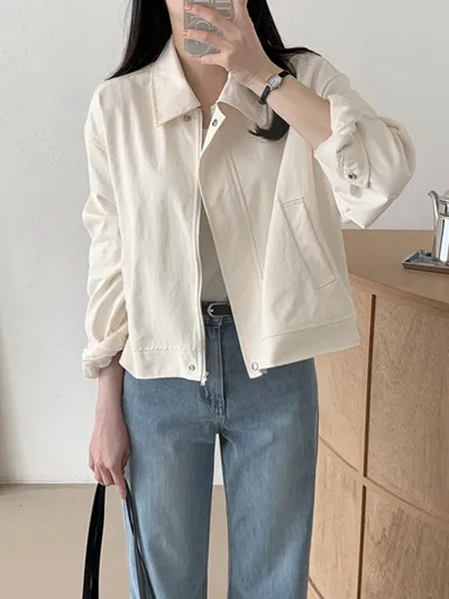 Korean Chic Vintage Collared Zip Jacket Washed Cotton Short Outerwear