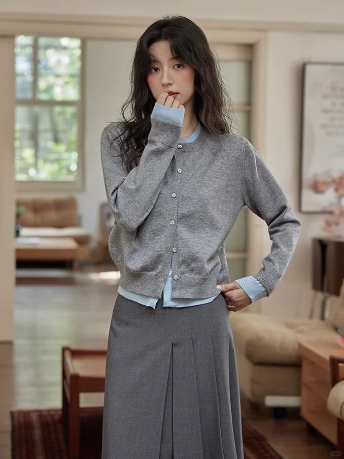 Women's Color Block Faux Two Piece Knit Cardigan Slimming Casual Outerwear