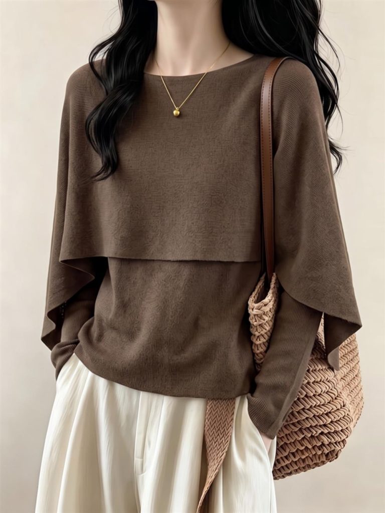 Women's Knit Cape Shawl Sweater Faux Two-Piece Top Early Fall 2026