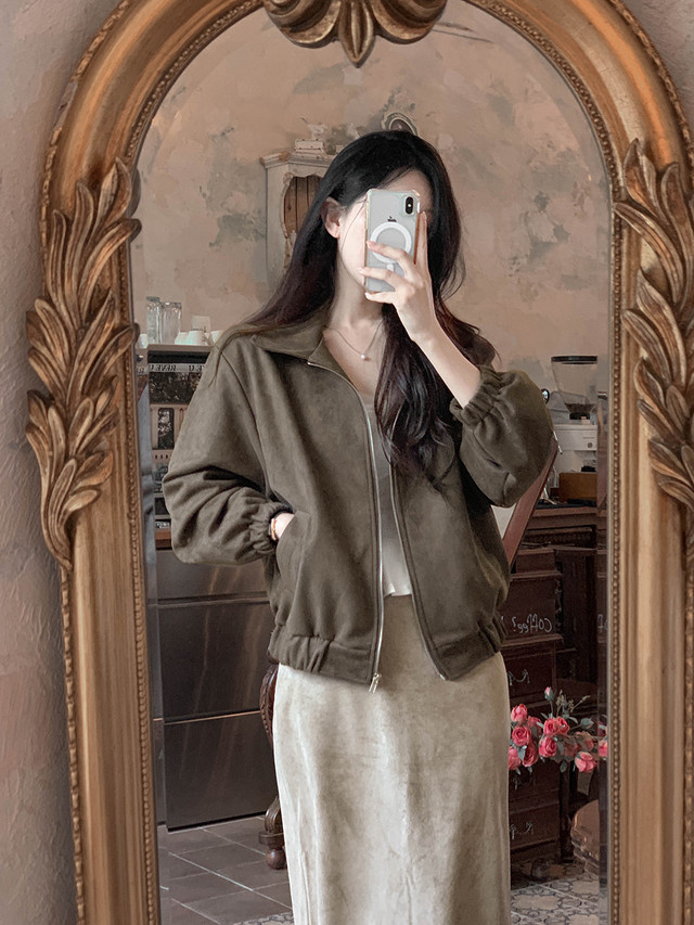 Korean Chic Vintage Collared Zip Suede-Look Jacket