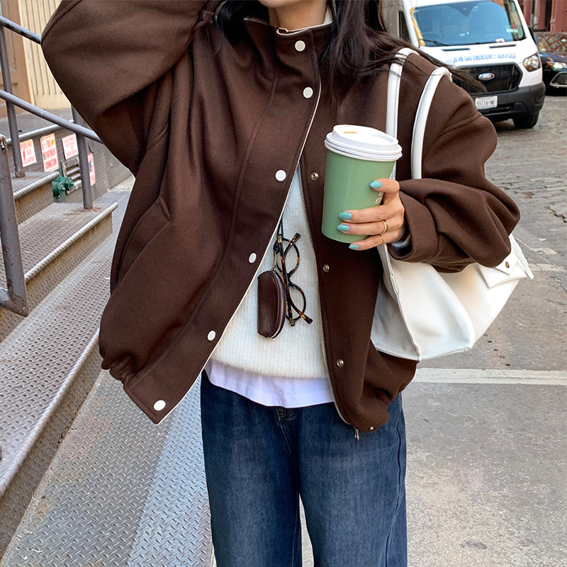 Korean Chic Color Block Stand Collar Wool Blend Baseball Jacket for Women